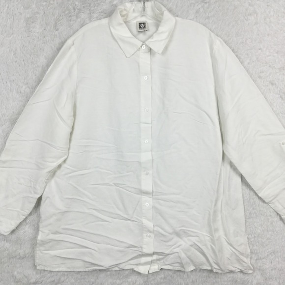 Anne Klein Womens Shirt Linen Blend‎ Button Up White Roll Tab Sleeve XL - Picture 1 of 11